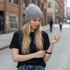 Chaps lamb wool blend knitted light gray beanie with buttons detail Women’s M